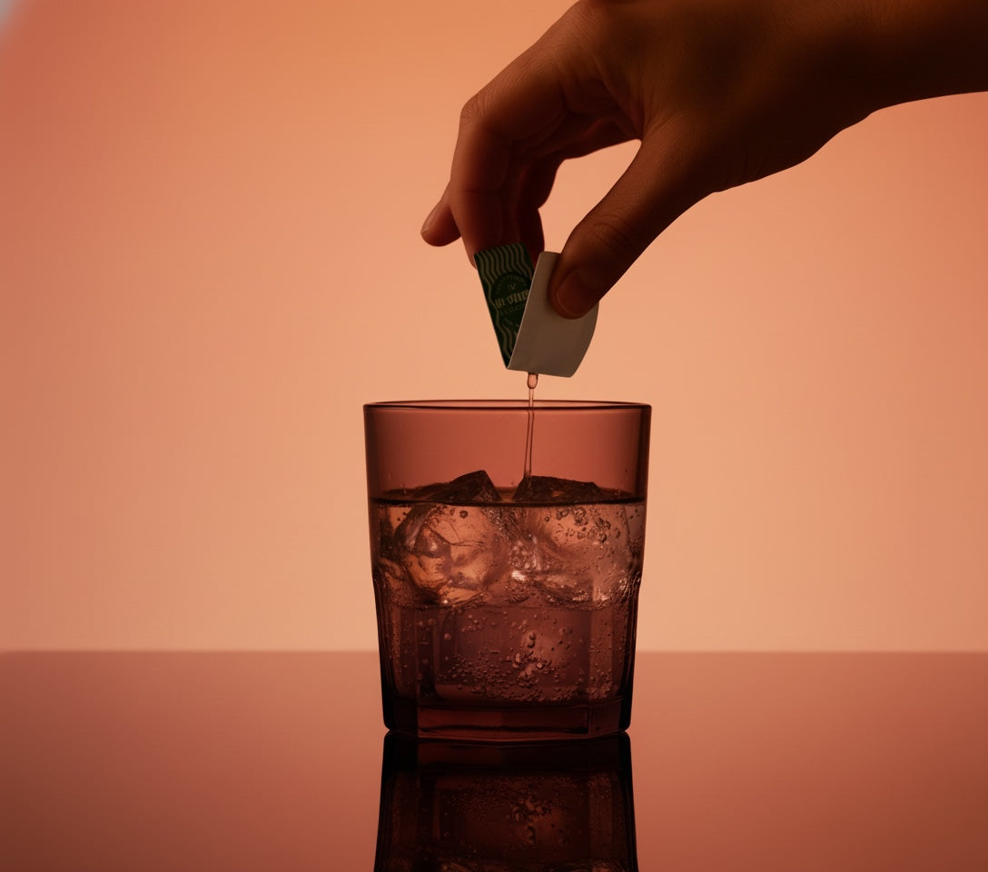 Hand adding a HiSnaps drink booster to a drink with a warm color filter.